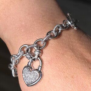 FREE@! Sterling Silver Diamond Heart Charm Toggle Bracelet 7"